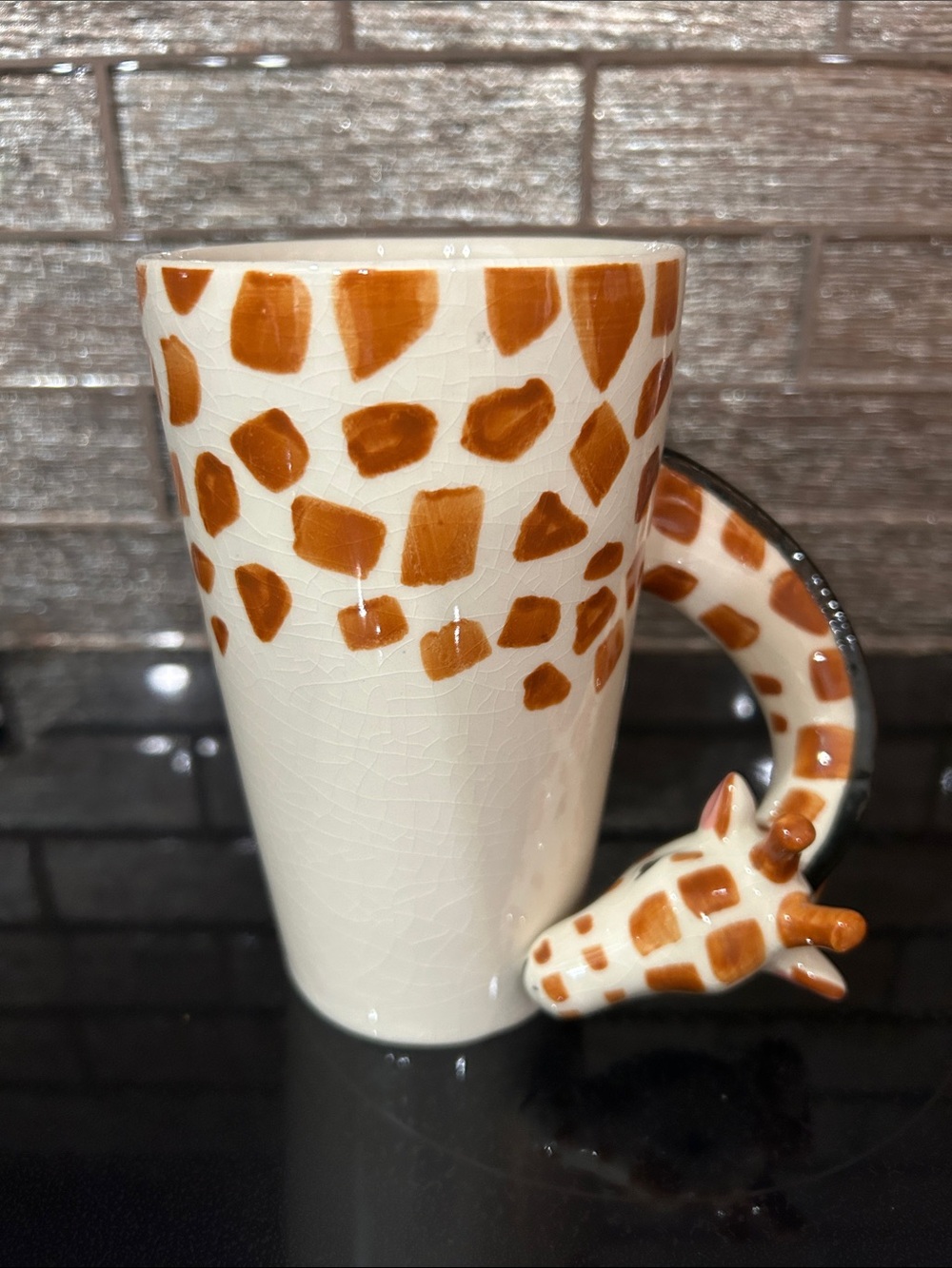 Thai Ceramic Lamyang hand painted cracked Giraffe Mug with 3D Giraffe Handle